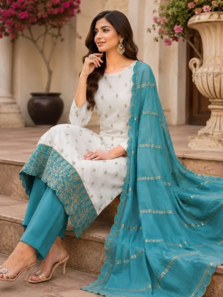 White Blue Vichitra Silk Sequence Embroidered Salwar Suit with Designer Dupatta Color Set Matching Dress Material Wholesale