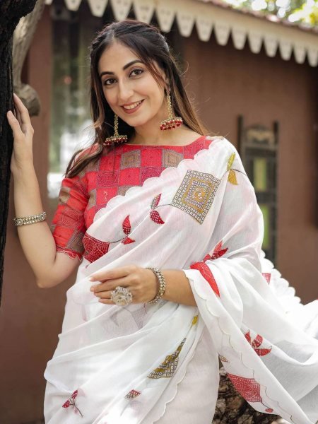 White Chanderi Cotton Bandhani Saree with Contrast Embroidery Blouse for Wedding Collection Sarees 
