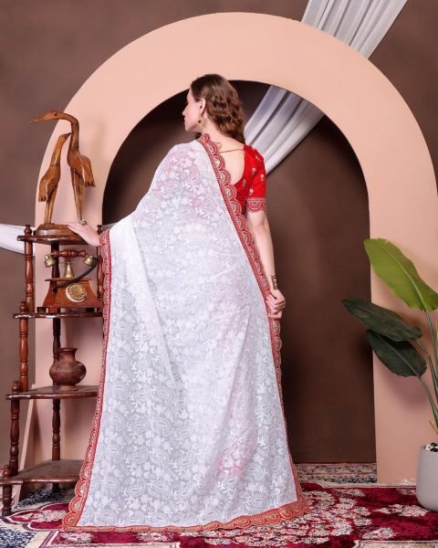 White Chikankari Georgette Saree with Zari Work Designer Durga Pooja Collection Georgette Sarees Wholesale
