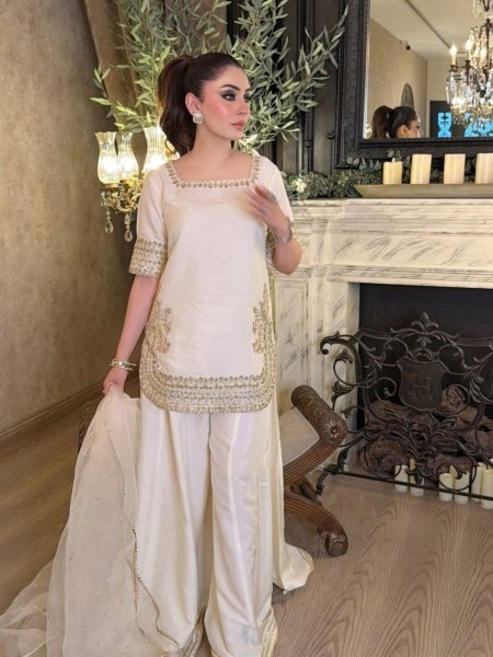 White Chinon Kurti Palazzo Suit Set with Heavy Embroidery Work And Dupatta for Women 