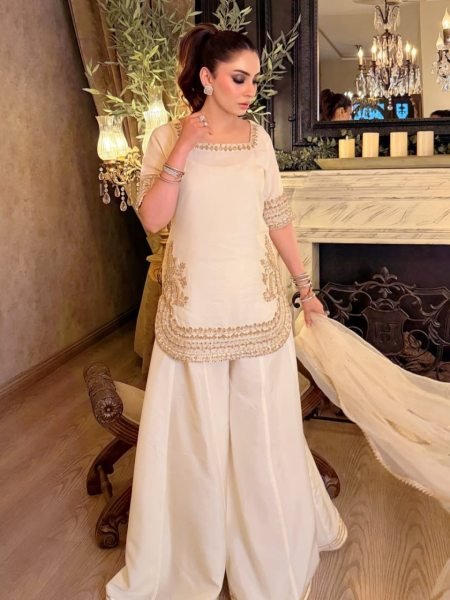 White Chinon Kurti Palazzo Suit Set with Heavy Embroidery Work And Dupatta for Women 3 Piece Kurti Set