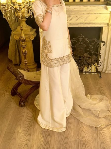 White Chinon Kurti Palazzo Suit Set with Heavy Embroidery Work And Dupatta for Women 3 Piece Kurti Set