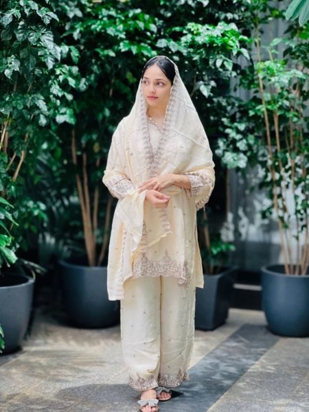 White Chinon Palazzo Suit with Sequin Embroidery Ready to Wear Ready To Wear Suit