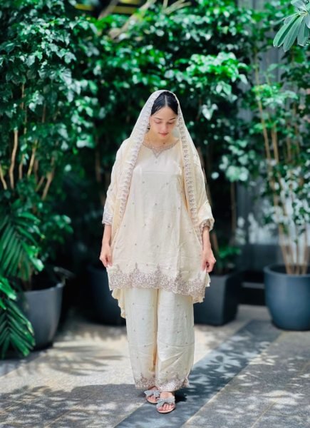 White Chinon Palazzo Suit with Sequin Embroidery Ready to Wear Ready To Wear Collection