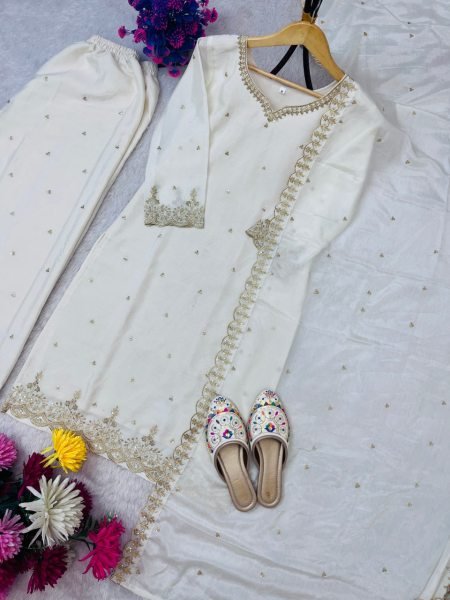 White Chinon Palazzo Suit with Sequin Embroidery Ready to Wear Ready To Wear Collection