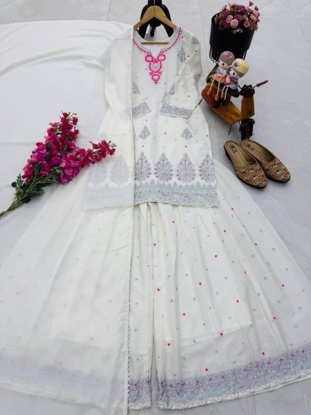 White Chinon Sharara Suit With Sequin Embroidery Ready To Wear Designer Set From Royalexport Surat Ready To Wear Collection