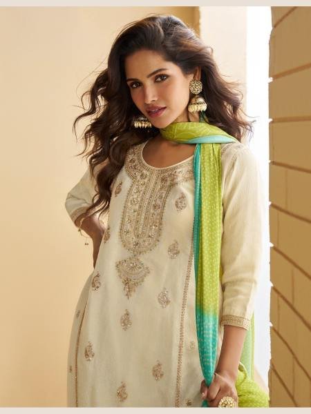 White Chinon Silk Embroidered Palazzo Suit with Dupatta Designer Plazzo Salwar Suits Wholesale