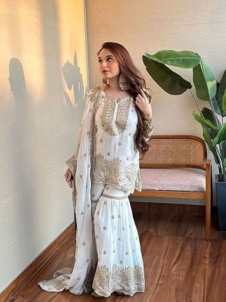 White Chinon Silk Salwar Suit with Embroidery Work Wedding Look Ready To Wear Suit