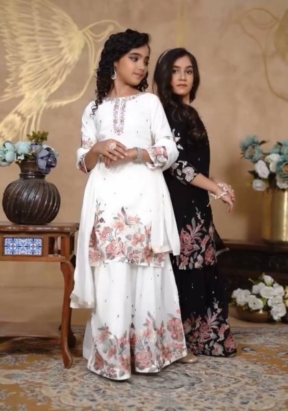 White Chinon Silk Sharara Set for Girls Elegant Embroidery   Ready to Wear Grace Girls Wear