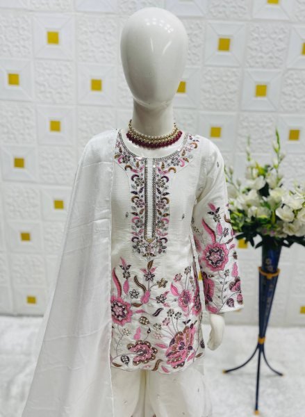 White Chinon Silk Sharara Set for Girls Elegant Embroidery   Ready to Wear Grace Girls Wear