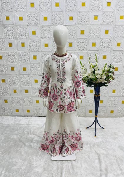 White Chinon Silk Sharara Set for Girls Elegant Embroidery   Ready to Wear Grace Girls Wear