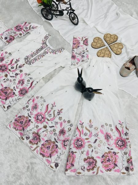 White Chinon Silk Sharara Set for Girls Elegant Embroidery   Ready to Wear Grace Girls Wear