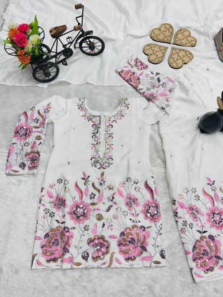 White Chinon Silk Sharara Set for Girls Elegant Embroidery   Ready to Wear Grace Girls Wear