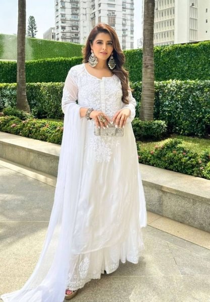 White Color Cotton Thread Embroidery Work Plazzo Suit 3 Piece Kurti Set