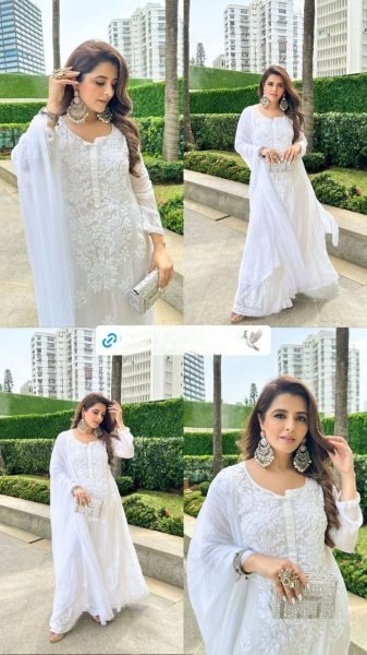 White Color Cotton Thread Embroidery Work Plazzo Suit 3 Piece Kurti Set