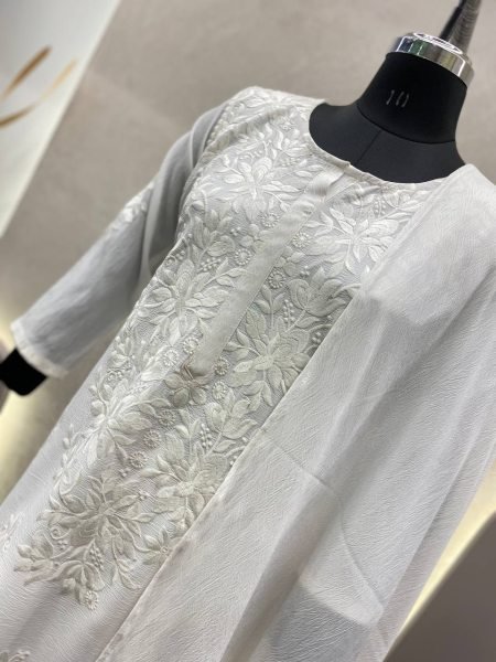 White Color Cotton Thread Embroidery Work Plazzo Suit 3 Piece Kurti Set