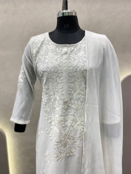 White Color Cotton Thread Embroidery Work Plazzo Suit 3 Piece Kurti Set