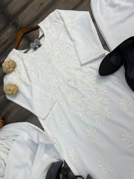 White Color Cotton Thread Embroidery Work Plazzo Suit 3 Piece Kurti Set