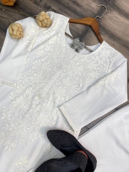 White Color Cotton Thread Embroidery Work Plazzo Suit 3 Piece Kurti Set