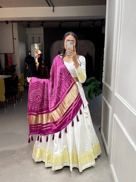 White Color Dyeing With Lagdi Patta Gaji Silk Lehenga Choli  Navratri Lehnega Choli