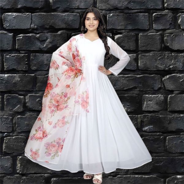 White Color Faux  Georgette Anarkali Suit With Beautiful Dupatta Anarkali Kurtis 