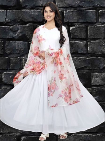 White Color Faux  Georgette Anarkali Suit With Beautiful Dupatta Anarkali Kurtis 