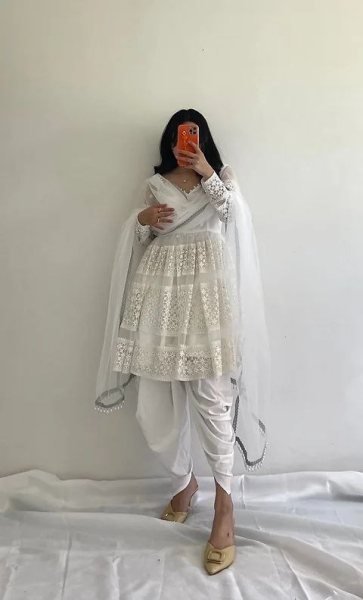 White Color Faux Georgette Dhoti Salwar Suits Ready To Wear Collection