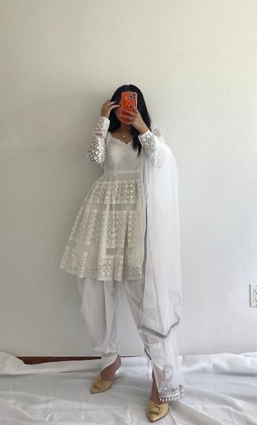 White Color Faux Georgette Dhoti Salwar Suits Ready To Wear Collection