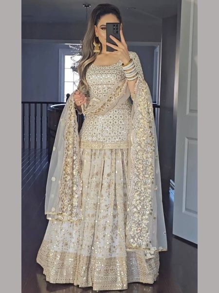 White Color Faux Georgette Sequence Work Lehenga Choli  