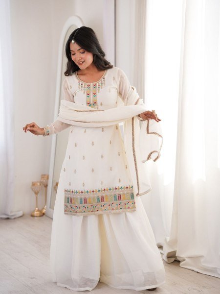 White Color Festive Eid Special Crunchy Silk Suit Dress Palazzo Style Wholesale Ethnic Wear 
