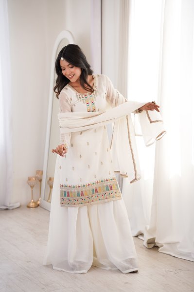 White Color Festive Eid Special Crunchy Silk Suit Dress Palazzo Style Wholesale Ethnic Wear Ready To Wear Collection