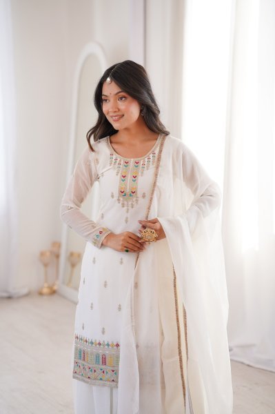 White Color Festive Eid Special Crunchy Silk Suit Dress Palazzo Style Wholesale Ethnic Wear Ready To Wear Collection