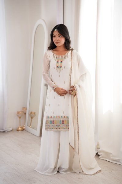 White Color Festive Eid Special Crunchy Silk Suit Dress Palazzo Style Wholesale Ethnic Wear Ready To Wear Collection