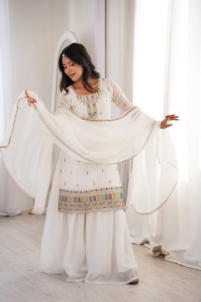 White Color Festive Eid Special Crunchy Silk Suit Dress Palazzo Style Wholesale Ethnic Wear Ready To Wear Collection