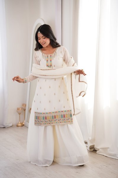 White Color Festive Eid Special Crunchy Silk Suit Dress Palazzo Style Wholesale Ethnic Wear Ready To Wear Collection