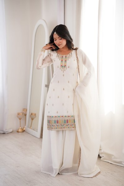 White Color Festive Eid Special Crunchy Silk Suit Dress Palazzo Style Wholesale Ethnic Wear Ready To Wear Collection
