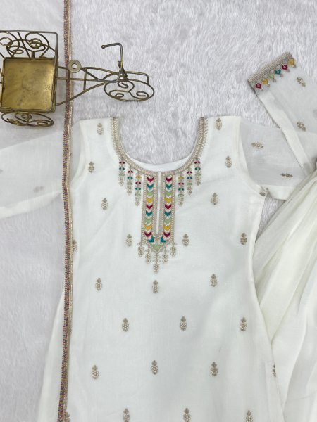White Color Festive Eid Special Crunchy Silk Suit Dress Palazzo Style Wholesale Ethnic Wear Ready To Wear Collection
