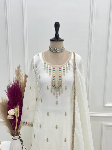 White Color Festive Eid Special Crunchy Silk Suit Dress Palazzo Style Wholesale Ethnic Wear Ready To Wear Collection