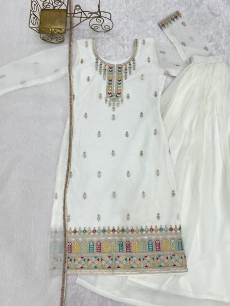White Color Festive Eid Special Crunchy Silk Suit Dress Palazzo Style Wholesale Ethnic Wear Ready To Wear Collection