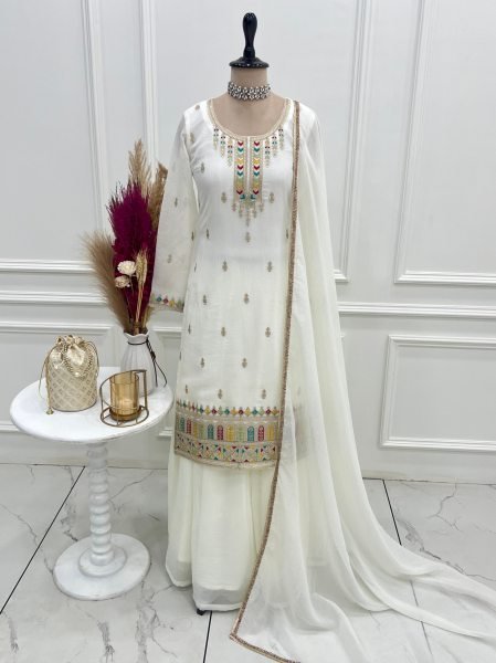 White Color Festive Eid Special Crunchy Silk Suit Dress Palazzo Style Wholesale Ethnic Wear Ready To Wear Collection