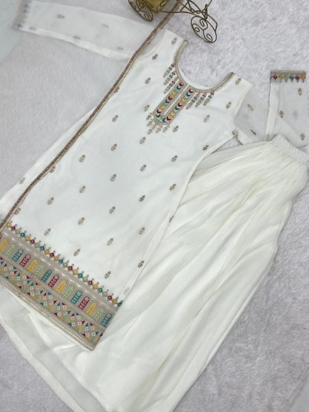 White Color Festive Eid Special Crunchy Silk Suit Dress Palazzo Style Wholesale Ethnic Wear Ready To Wear Collection