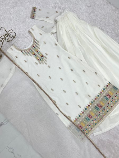 White Color Festive Eid Special Crunchy Silk Suit Dress Palazzo Style Wholesale Ethnic Wear Ready To Wear Collection