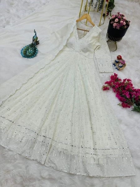 White Color Fox Georgette Gown With Dupatta  Ready To Wear Collection