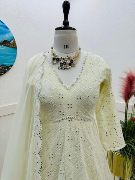 White Color Fox Georgette Gown With Dupatta  Ready To Wear Collection