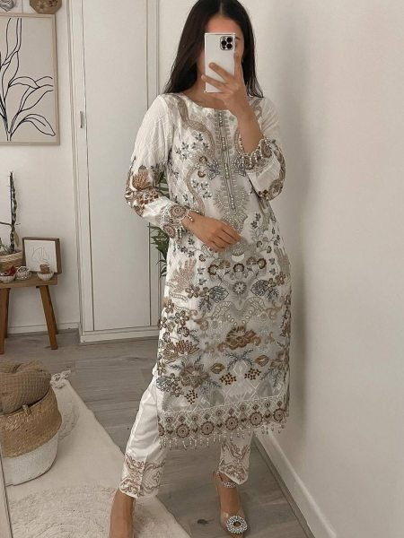 White Color Fox Georgette Suits With Embroidery Work  