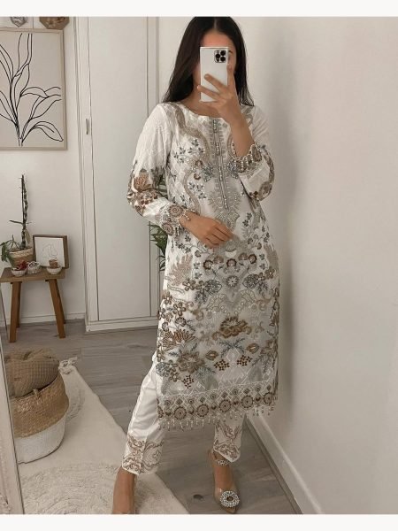White Color Fox Georgette Suits With Embroidery Work  Ready To Wear Collection