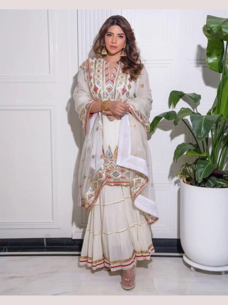 White Color Georgette Embroidery Work Sharara Suits  Ready To Wear Collection