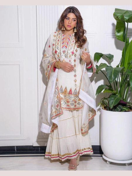 White Color Georgette Embroidery Work Sharara Suits  Ready To Wear Collection