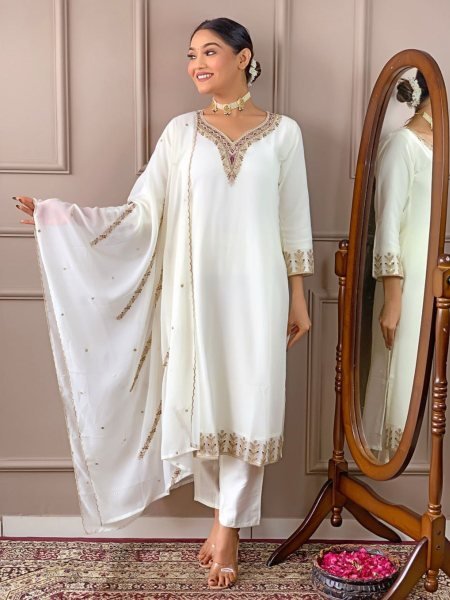 White Color Georgette Kurti Pant With Dupatta  