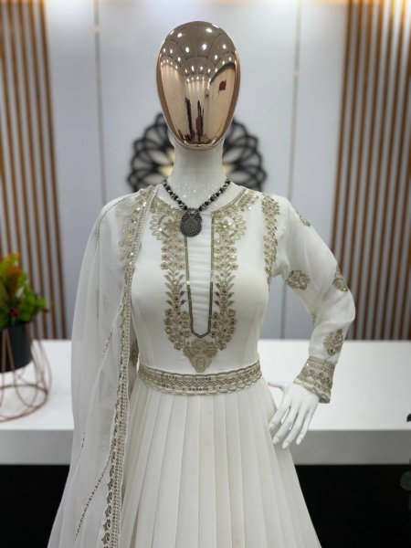 White Color Georgette Sequence Embroidery Work Gown Pant With Dupatta  Ready To Wear Collection